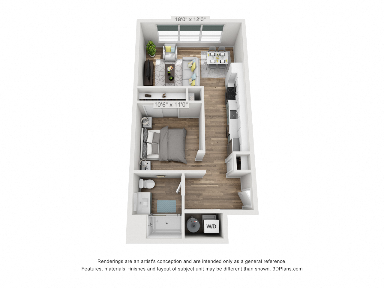Floor plan for 1 bed, 1 bath, 695 sqft